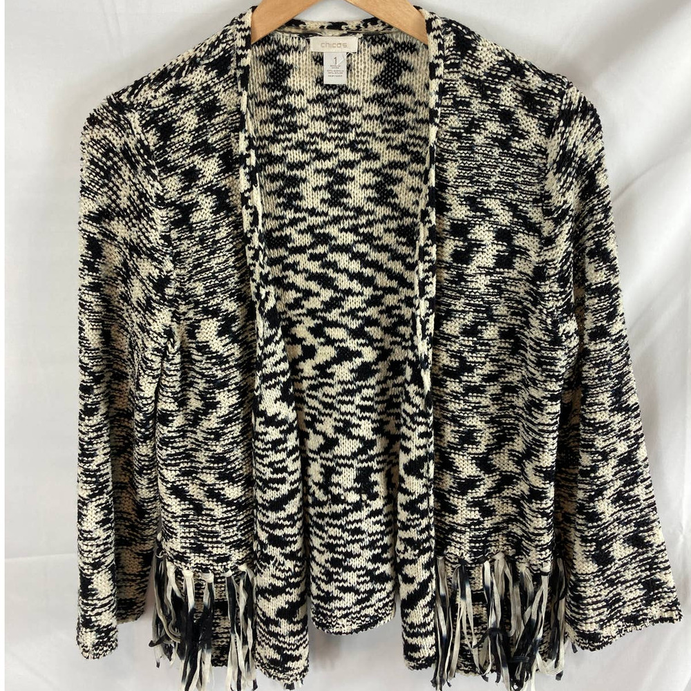 Chico's Black and Cream Knit Fringe Cardigan